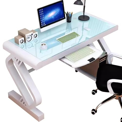 Qxdgoal Bureau d’Ordinateur en Verre Moderne, Bureau Assis Debout à Domicile, Poste de Travail Ergonomique, Plateau Clavier (100/120 cm), Table Gaming PC(White+Keyboard Tray,100cm)