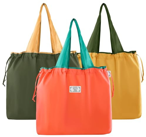 Nexlynk 3 Stück Einkaufstasche Faltbar Große Wiederverwendbare Einkaufsbeutel,Waschbar Shopping Bag Tragetasche mit Henkel und Kordelzug & Einkaufen Home Travel Outdoor Camping