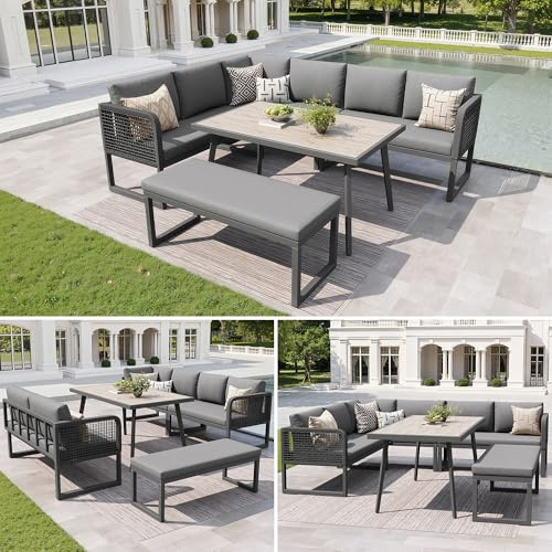 Sapgaks Gartenmöbel-Set für den Außenbereich, 6/8 Personen, Gartentisch für den Außenbereich, mit Liegestuhl, Gartenmöbel-Set mit Sitzkissen und Rückenkissen für Terrasse, Balkon, grau