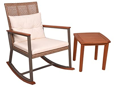 DELUKE Outdoor-Schaukelstuhl Mainz mit Beistelltisch Hellbraun Eukalyptus | Gartenstuhl Relaxsessel Garten Balkon Outdoor