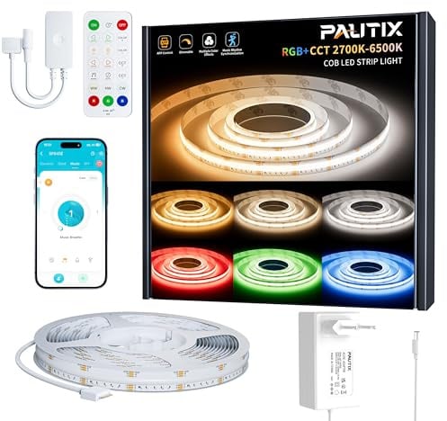 PAUTIX COB LED Streifen RGBCCT 10M,Dimmbar RGB+WW/CW 2700K-6500K Farbwechselnde Smart LED Strip Lights mit APP Control und RF Fernbedienung,24V LED Band mit Timer,Musik Modus für DIY Beleuchtung