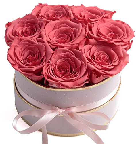 Rosenbox rosa rund Infinity Rosen - Flowerbox 8 echte Rosen haltbar 3 Jahre Durchmesser 15 cm - Geschenk für Frauen (Rosa-Korall)
