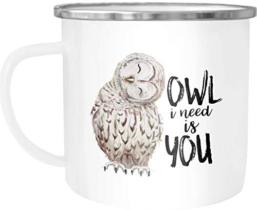MoonWorks Emailletasse Becher Eule Spruch Owl I need is you All i need is you Kaffeetasse Weiss-metall unisize