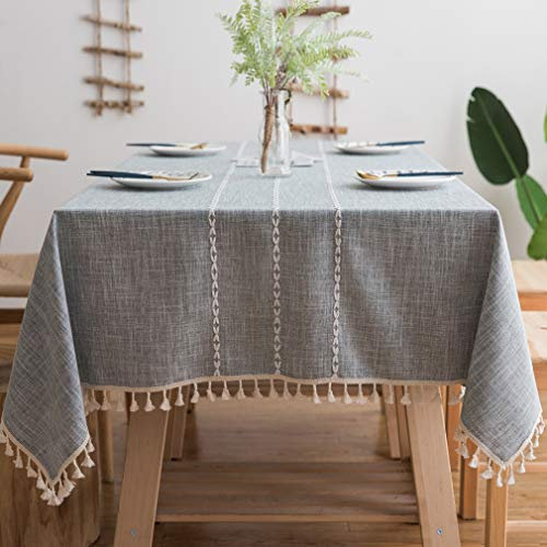 Pahajim Tischdecke Quaste Baumwolle Leinen Elegante Tischdecke waschbare Küchentischabdeckung für Speisetisch (Mode Grau, Rechteckig/Oval, 140 x 200 cm, 4-6 sitzes)