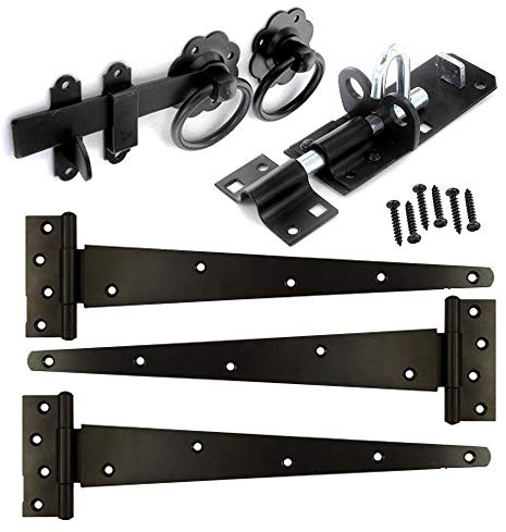 Merriway BH07428 Türbeschlag aus Holz, robust, 3 x 45,7 cm T-Scharniere, Vorhängeschraube im Brenton-Stil, Ringriegel und Beschläge, Schwarz, 1 Set