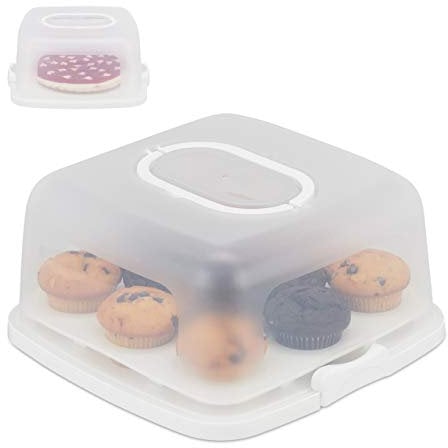 Relaxdays Kuchenbox, eckig, tragbar, Kuchen & Muffins, spülmaschinenfest, Partybutler, 16x34x32,5 cm, weiß/transparent