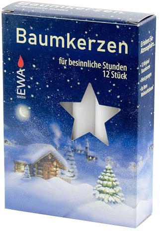 JEKA - 60 Baumkerzen - 12 Stück/Pckg., Weiß, 15 x 125mm, Hartwachs, Unparfümiert, Winter, Dekoration, Outdoor
