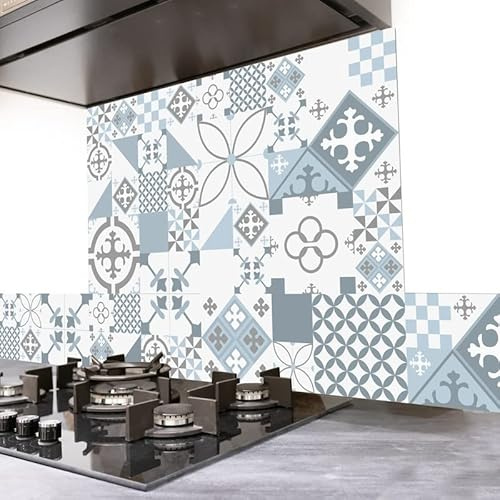99 Déco Fond de hotte Aluminium Effet Carreaux de Ciment Bleu | 70 x 90 cm