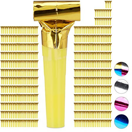 Relaxdays 500 x Partytröten, Luftrüssel Kinder, Tröten Kindergeburtstag, Party Pack Krachmacher, Blasrüssel, Gold