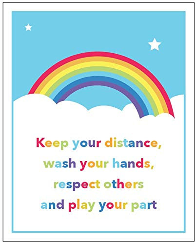 Schild mit englischer Aufschrift „Keep your distance, wash your hands, Respekt Others, play your part“