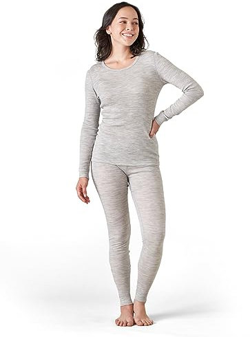 LAPASA Merino Wolle Thermounterwäsche Set Damen, Merinowolle warm Unterhemd Langarmshirt & Thermo Unterhosen Leggings (L58), Hellgrau meliert (Warm), L