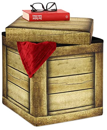 Relaxdays Sitzhocker mit Stauraum, faltbar, gepolstert, Hocker mit Holzplanken Design, HBT: 38 x 37,5 x 37,5 cm, braun