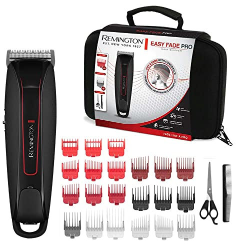 Remington Haarschneidemaschine Profi [selbstschärf. Edelstahl Klingen/10 angeschrägte Fade-Kämme/0,8-25mm] Haarschneider Set (inkl. 9 normale Aufsteckkämme, Netz-/Akkubetrieb, Lithium, Tasche) HC550