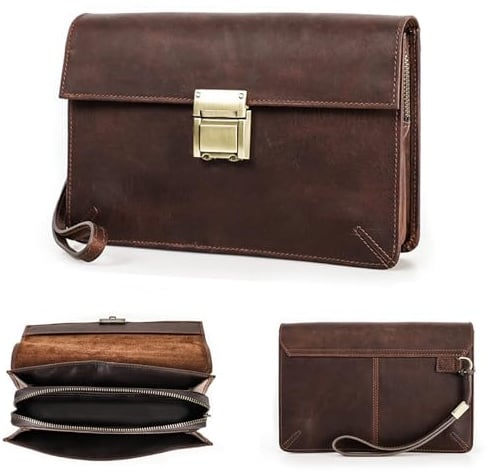 Contacts Herren-Leder-Clutch Geschäftsreise Reißverschluss-Clutch mit Zahlenschloss Lange Retro-Brieftasche mit Handschlaufe
