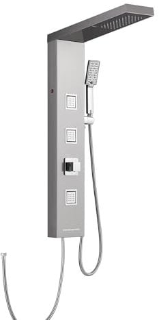 ROVOGO Colonne de Douche Hydromassante LED sans Mitigeur, 4 Fonctions: Douche Pluie, Jets de Massage, Douchette à main et Bec de Baignoire, Acier inox 304, Brossée