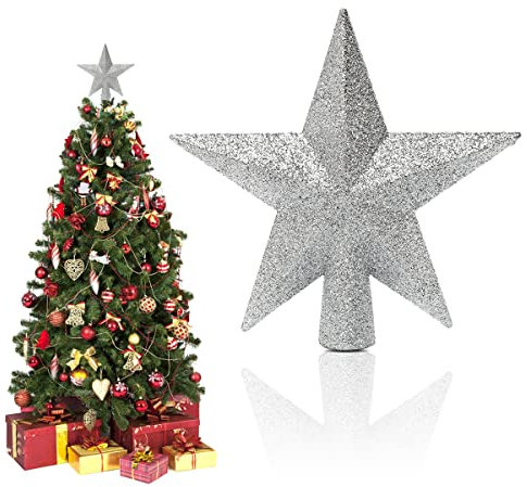 Weihnachtsbaumspitze Stern, Christbaumspitze Stern, Glitzer Weihnachtsbaum Stern Topper, Christbaumspitze Kunststoff, Christbaumschmuck Weihnachtsbaumschmuck für Jeder Größe Weihnachtsbäume, Silber
