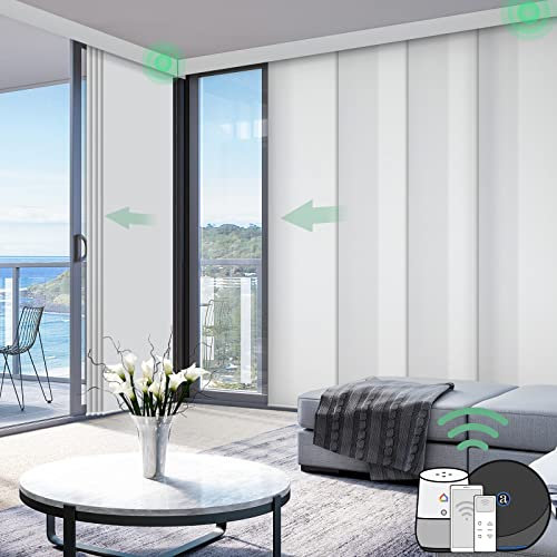 Yoolax Elektrische Schiebegardinen mit Fernbedienung,Alexa Smart Flächenvorhänge nach Maß,WiFi Fest Verdrahtet Lichtfilterung Schiebevorhänge Flächenvorhänge für Schiebetüren und Fenster (Reines Weiß)