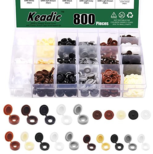 Keadic 800Pcs 20 Types Waterproof Plastic Screw Cap Covers Assortment Kit Contains Phillips Tapping Screws Hole Cover and Washer Flip Tops Hinged Screw Snap Covers for Furniture Wardrobes Cabinet