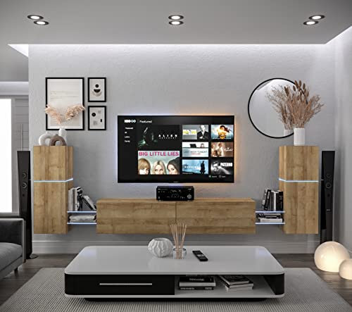 Furnitech Wohnwand Wohnzimmer | Wohnzimmer Möbel mit LED Weiß | Hängend Wohnwand Modern | Wohnzimmer Schrankwand mit Regale und TV Schrank (AN104-21DZ-M5-1B)
