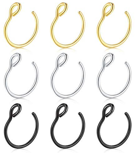 D.Bella Fake Nose Ring, 20G Faux Piercing Jewelry 8mm Fake Nose Ring Hoop for Faux Lip Septum Nose Ring Set