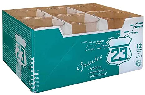 Tradineur - Caja de 12 Vasos Modelo Ruta - 23 cl - Fabricado en Vidrio Resistente - Apto para lavavajillas - 12 Uds Totales