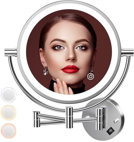 Auxmir Espejo Maquillaje con Luz Pared, Aumento 1X/10X Doble Cara Giratorio 360, Espejo Baño Extensible Táctil con Enchufe, 3 Colores Brillo Regulable, para Hotel, SPA, Plata