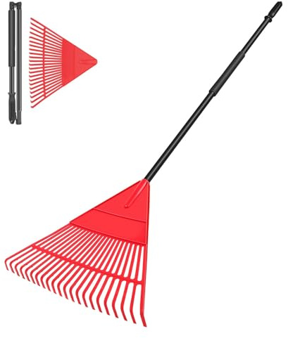 SHANTRA Laubbesen Gartenrechen, Gartenrechen mit faltbarem Griff, 22 Zinken Strauchrechen mit langlebigem Kunststoffkopf für Rasen, Garten, Blumenbeete Blätterreinigung, Schwarz und Rot