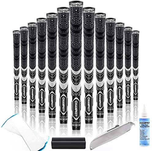 CHAMPKEY Premium Hybrid Golf Grips 13 Pack | All Weather Performance Golf Club Grips | Choose Between 13 Grips with 15 Tapse and 13 Grips with All Kits (Midsize, Black(Kits))