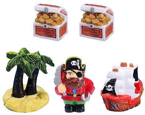 HOMSFOU Miniatur Piratenfiguren Deko Figuren Piratenschiff Schatzkiste Mini Baum DIY Ornamente für Micro Landschaft Feengarten Puppenhaus Kuchen Topper Dekoration 5 Stück
