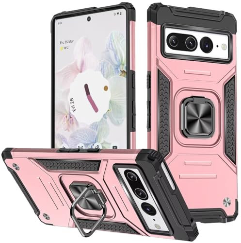 KANSi Funda para Google Pixel 7 Pro, Capa Anillo iman Soporte Hard PC y Silicona TPU Antigolpes Armor Carcasa - Oro Rosa