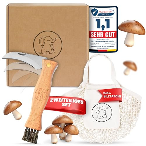 Eli® Coltello da fungo con spazzola e tasca in cotone - coltello tascabile di alta qualità con pennello - coltello da giardino - spazzola per funghi - sacchetto - coltello pieghevole e da intaglio