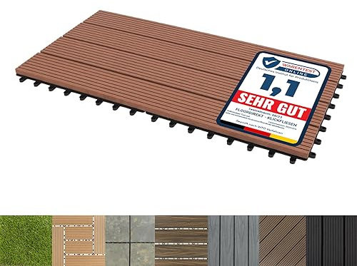 Floordirekt WPC Fliesen 60x30 cm, 1 Stück = 0,18m² Terrassenfliesen, Klickfliesen, Balkonfliesen in Holzoptik - Bodenbelag für Balkon & Terrasse - wetterfest mit Drainagefunktion | Hellbraun | Royal