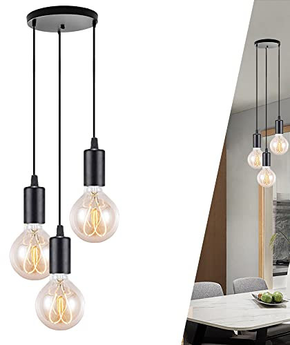 Hängelampe Eisen Pendelleuchte Schwarz 3 Flammig Deckenleuchte Led Kronleuchter Modern Hängeleuchte mit E27 Lampenfassung Metall Vintage Retro für Küchen Esszimmer Wohnzimmer Schlafzimmer (A)