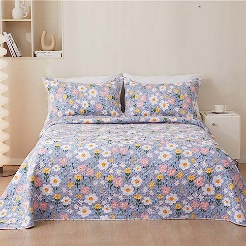 Chickwin Luxuriös Tagesdecke Baumwolle Vintage Bettüberwurf Doppelbett Leichte Dünne Steppdecke für Gesteppte Set mit 2 Kissenbezüge, Bett Überwurfdecke Wendedesign (200x220cm,Lila Gänseblümchen)