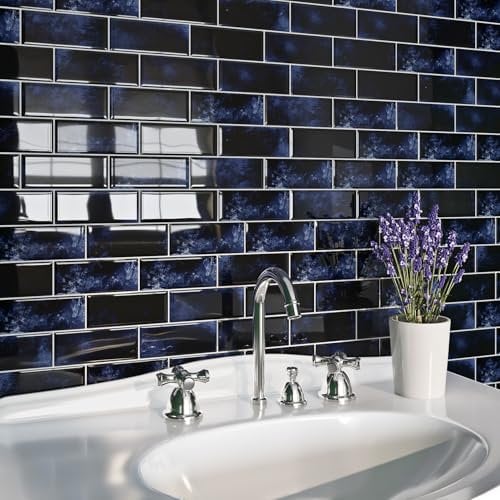 Livelynine Piastrelle Adesive Cucina Blu 3D Paraschizzi Cucina Adesivo 3D Piastrelle Adesive Bagno Blu Scuro 30x30 Mattonelle Adesive Cucina Resistenti al Calore Adesivi Piastrelle Bagno, 4 Piastrelle
