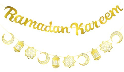 Ramadan Deko,Girlande als Dekoration für Ramadan,Ramadan Kareem Banner,Gold Glitzerndes Banner und Mond Sterne Laterne Girlande Dekorative,EID Mubarak Deko für Eid Festival Party Dekoration,رمضان