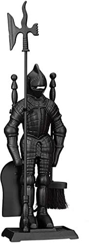 29 Inch Tall Knight Soldier Fireplace Tool Set 4 Piece Fireside Companion Set for Fire Place Includes Poker Shovel Brush Rack - Black