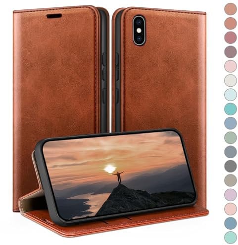 HUOUH für iPhone X/XS 5,8 Hülle mit RFID Schutzhülle aus Lederhülle Handyhülle,360 Grad Schutz Case,Kartenfach Leder ständer Handy hülle für Apple X/XS Klapphülle Wallet Cover Hellbraun