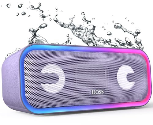 DOSS SoundBox Pro+ Bluetooth Wireless Pairing Speaker with 24W Stereo Sound, Punchy Bass, IPX6 Waterproof, 15Hrs Playtime, Multi-Colors Lights, for Home, Outdoor-Purple