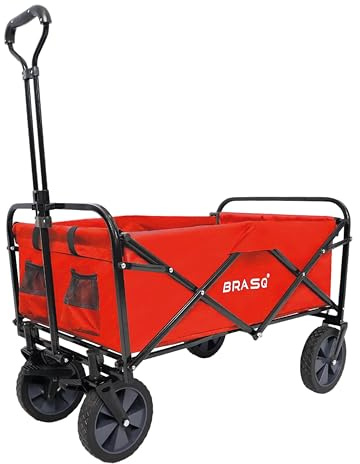 BRASQ Trolley auf Rädern, robuster Gartenwagen, Zusammenklappbarer Bollerwagen für den Garten, faltbar, mit Abdeckung, für den Außenbereich, Rot