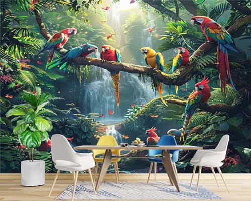 Papier Peint Panoramique Jungle Animal Oiseau Perroquet Cascade 350 (W) x 256 (H) cm, Papier Peint Géant 3D Salon Chambre Salle à Manger Chambre d'Enfant Décoration Murale