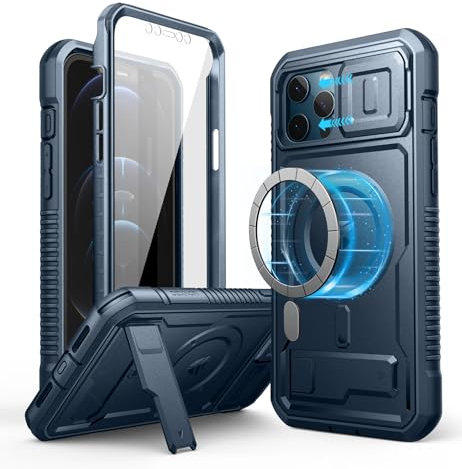 Dexnor Magnetic Bumper Case for iPhone 12 Pro Max, MagSafe Comapitble, Heavy-duty Shockproof Full-body Rugged Protective Cover with Kickstand & Camera Cover & Screen Protector - Navy Blue