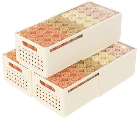 Yawinhe 3 Stück Einziehbare Aufbewahrungsbox mit Griffen, Schrank-Organizer, Faltbare und Stapelbar Plastikbox, für Schlafzimmer Küche Badezimmer, Cremefarbe, Mittel, SNK201CM-3