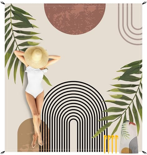 Stranddecke Sandfrei, 200 x 220cm Boho Wasserdicht Strandmatte für 1-4 Personen, Leicht und Tragbar Beach Blanket mit 4 Heringen und 4 Ecktaschen, Outdoor Picknickdecke für Wandern, Reisen, Camping