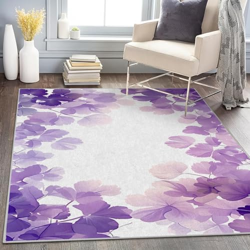 Waschbar in Waschmaschine Wohnzimmer Teppich Lila Blätter 70x140 Kurzflor Teppich Schlafzimmer, Blumen Teppich Gegend Dünn Bettvorleger Saugfähig für Jugendzimmer Jungen Mädchen