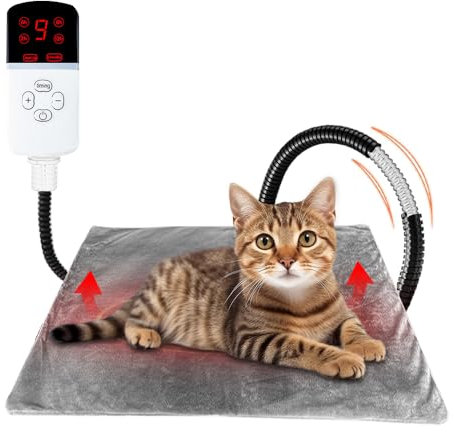 Afenau Pet Heating Pad, 45 * 45cm Cat Heat Pad with 9 Temperatures & 5 Timers, Heated Dog Bed with Velvet Cover & Anti Bite Cable, Cat Heating Pad, Heated Cat Blanket for Small Pets