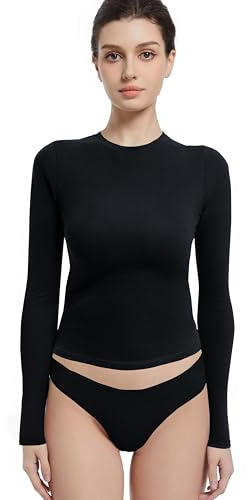 Abonlen Long Sleeve Shirts for Women Crewneck Basic Tees T Shirts Fitted Crop Tops Y2k Going Out Tops, Black, XL