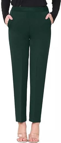 YAHOMI® Ladies Womens Half Elasticated Stretch Waist Work Office Trousers 2 Pockets Formal Pants Front Pockets Trouser Sizes 8 to 24 (UK, Numeric, 14, Regular, Regular, Standard, Bottle Green 27'')