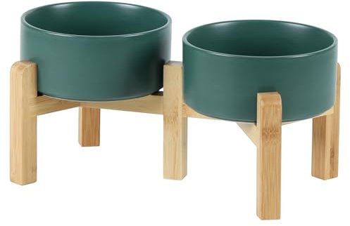 Havniva Keramik-Höhenverstellbares Doppel-Schalen-Set mit Ständer 15,5 cm – 2 gehobene Höhen, Futter- und Wasser-Schalen für Kleine Hunderassen, Gewichtete Haustier-Schalen (850 ml, Grün)