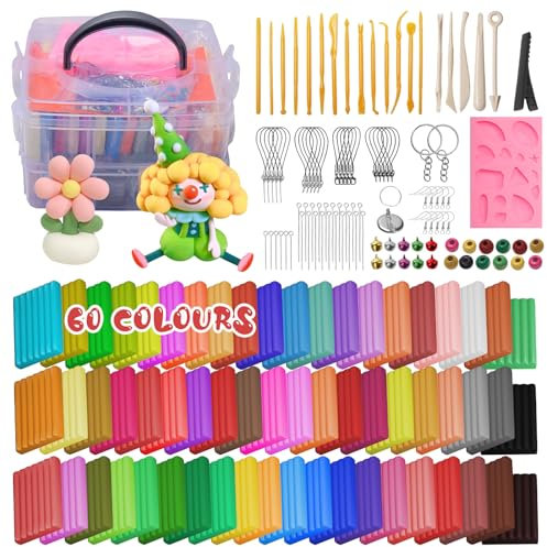 KIMIGO 60 Couleurs Pate a Modeler,Pâte Polymère,Sûr et Non Toxique,Cuisson au Four Pate a Modeler DIY Clay Kit avec Outils de Modelage et Accessoires,Argile Polymère,Cadeau pour Les Enfants